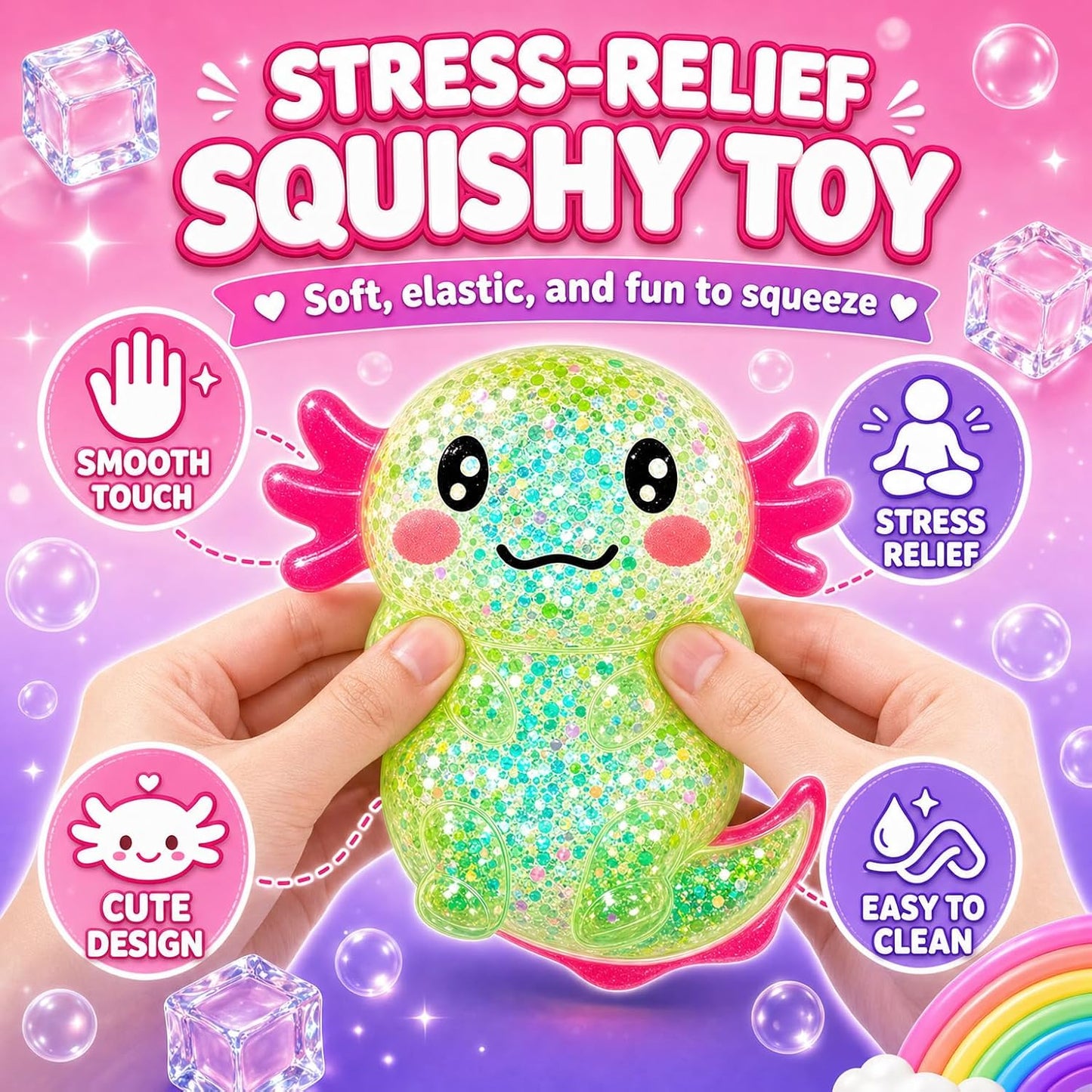 Axolotl Squishy Stress Ball – Glitter Bead Squeeze Toy