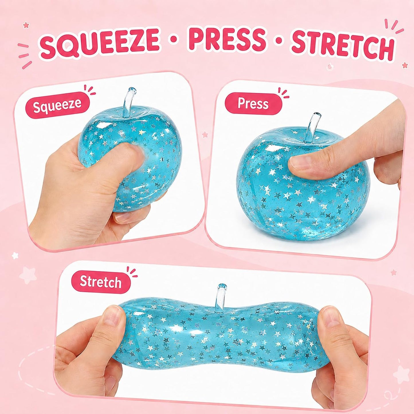 Blue Jelly Apple Squishy – Star Glitter Fidget & Desk Decor