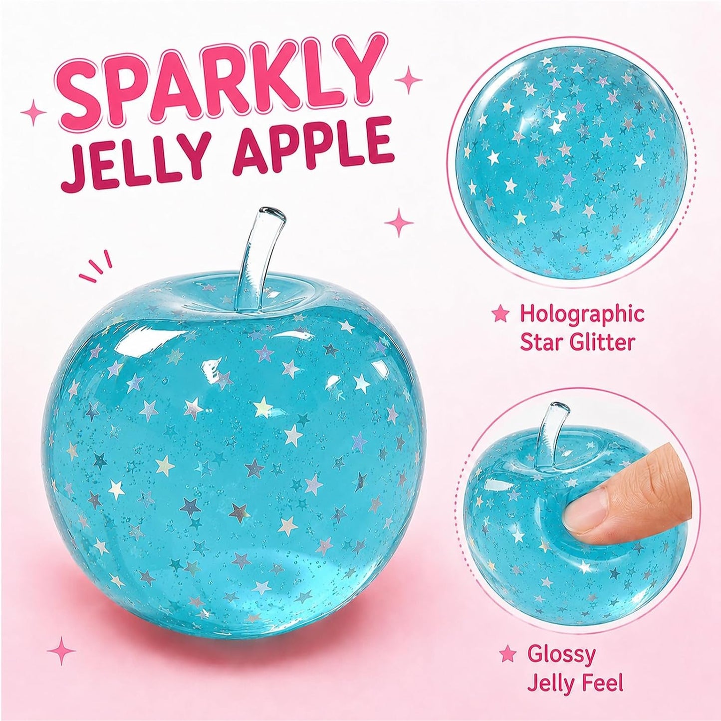 Blue Jelly Apple Squishy – Star Glitter Fidget & Desk Decor