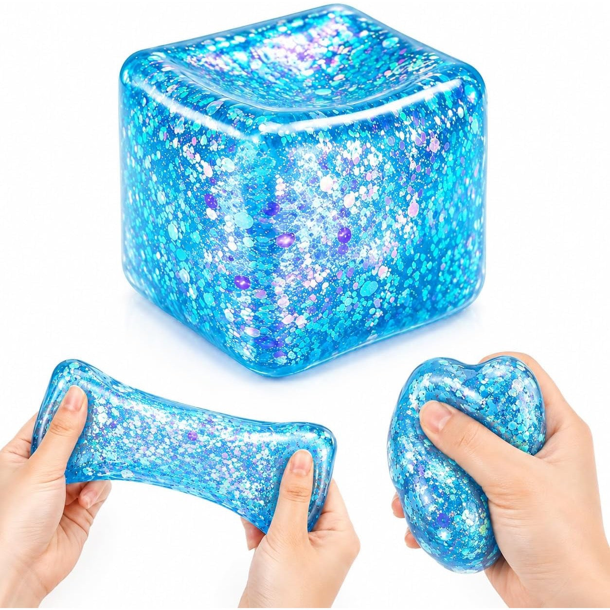Blue Galaxy Glitter Cube Squishy – Large Gel Squeeze Toy