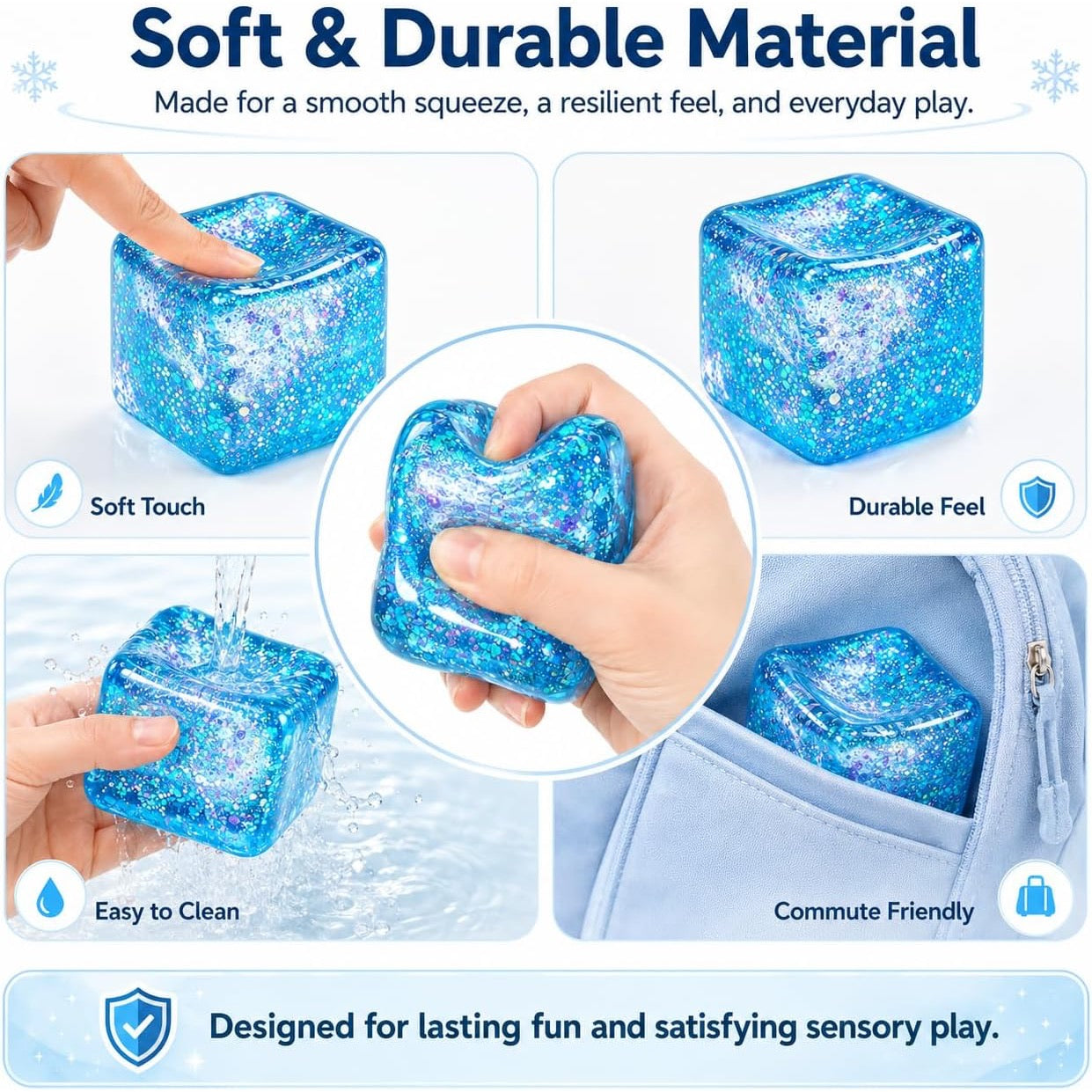Blue Galaxy Glitter Cube Squishy – Large Gel Squeeze Toy