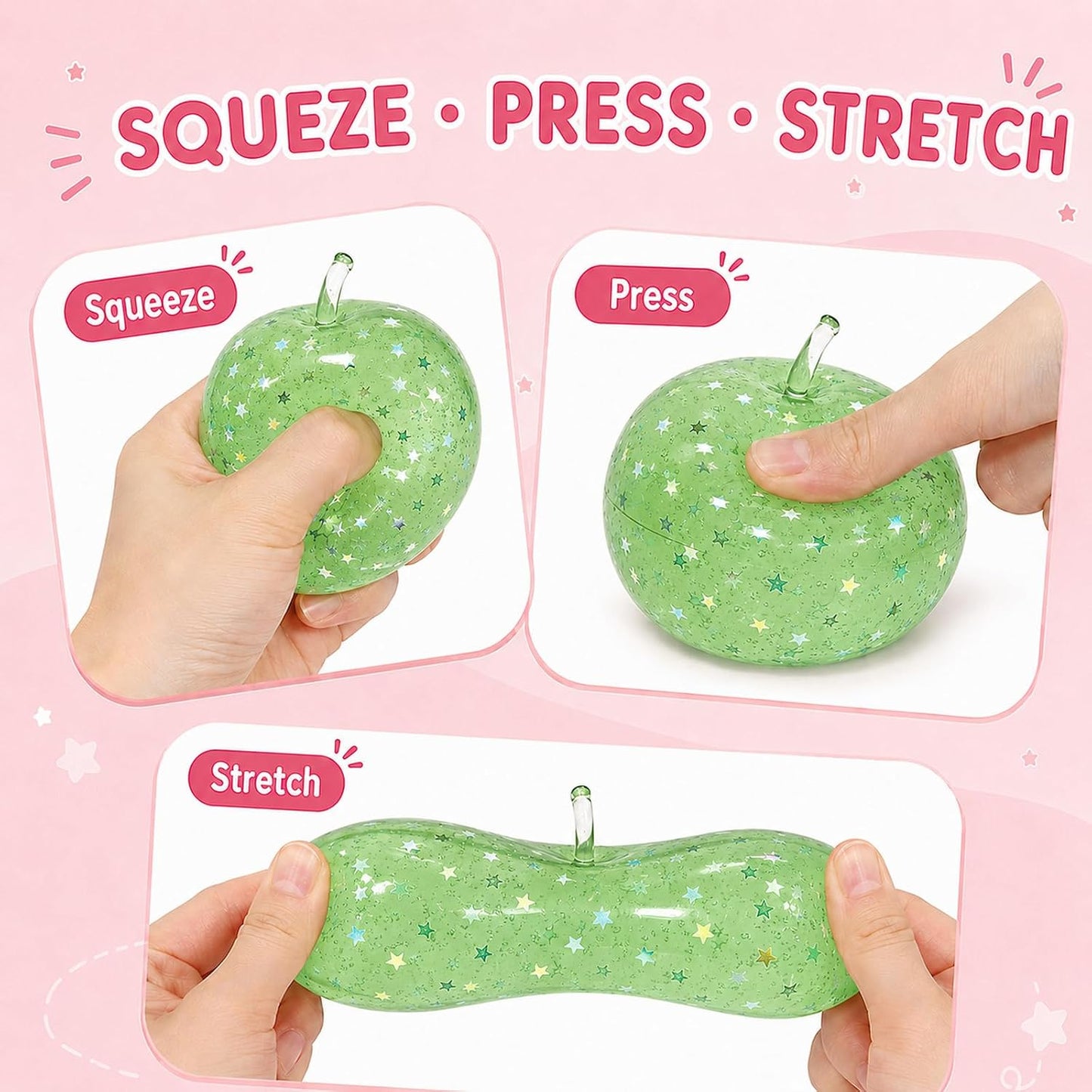Green Jelly Apple Squishy – Star Glitter Fidget & Desk Decor