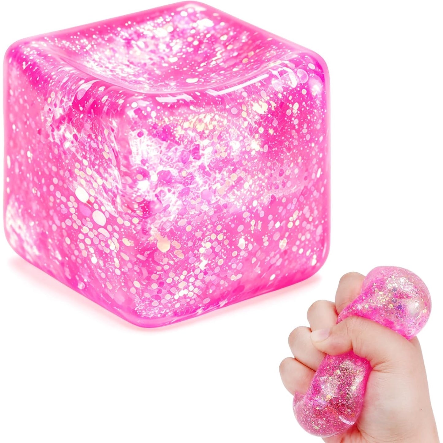 Pink Glitter Cube Squishy – Large Gel Squeeze Toy