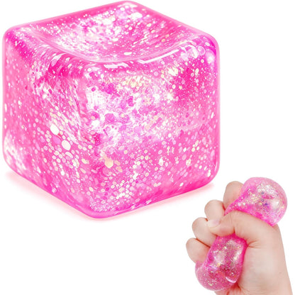 Pink Glitter Cube Squishy – Large Gel Squeeze Toy
