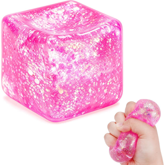 Pink Glitter Cube Squishy – Large Gel Squeeze Toy