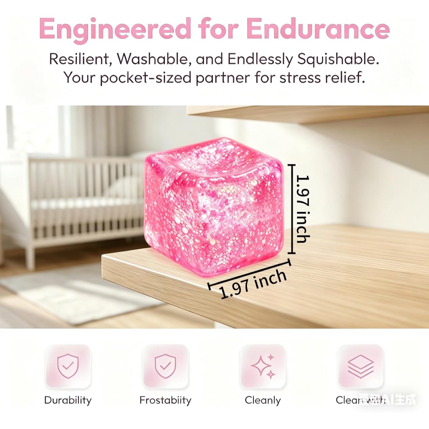 Pink Glitter Cube Squishy – Large Gel Squeeze Toy
