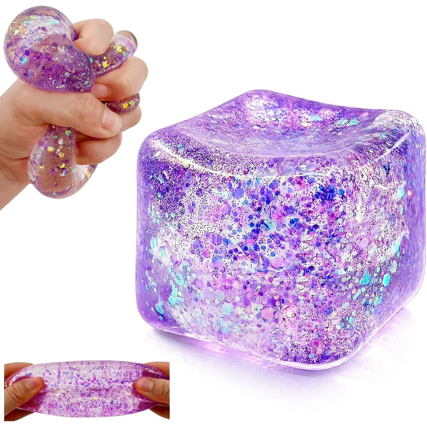 Purple Glitter Cube Squishy – Large Gel Squeeze Toy