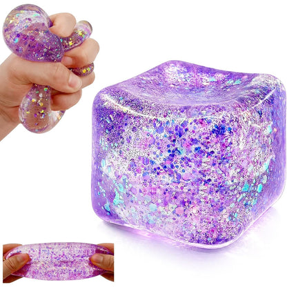 Purple Glitter Cube Squishy – Large Gel Squeeze Toy